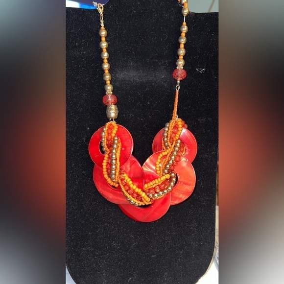 Shell Pearl Disc And Beaded Mini blings Hippie Boho Orange Necklace - Picture 1 of 7